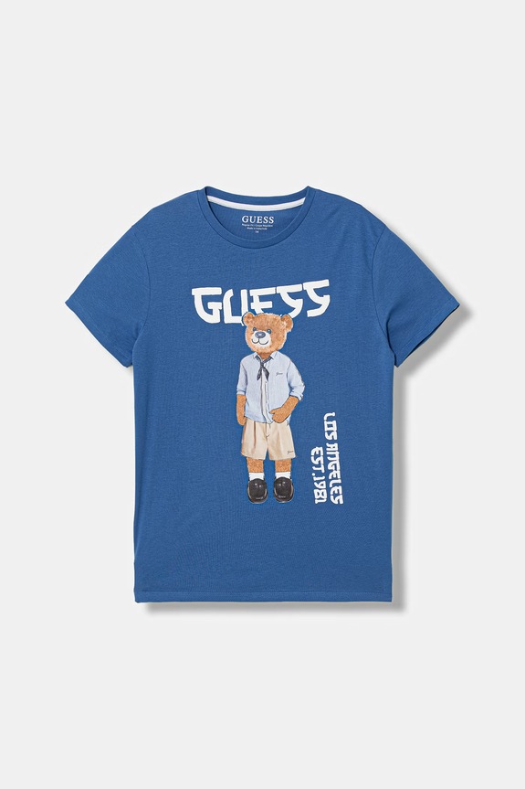 Παιδικό βαμβακερό μπλουζάκι Guess στάμπα μπλε L6GI09.K8HM4.PPY2.M