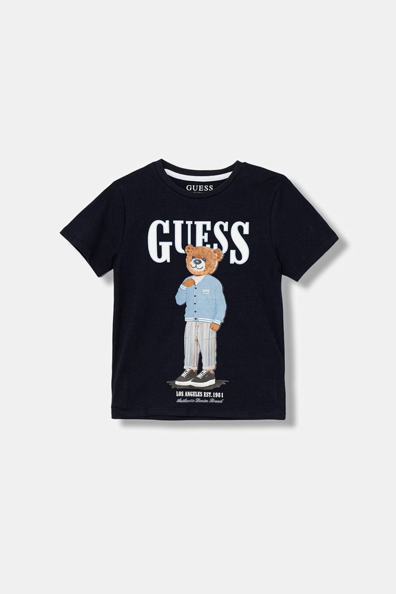 Παιδικό βαμβακερό μπλουζάκι Guess στάμπα σκούρο μπλε L6GI09.K8HM4.PPY2.M