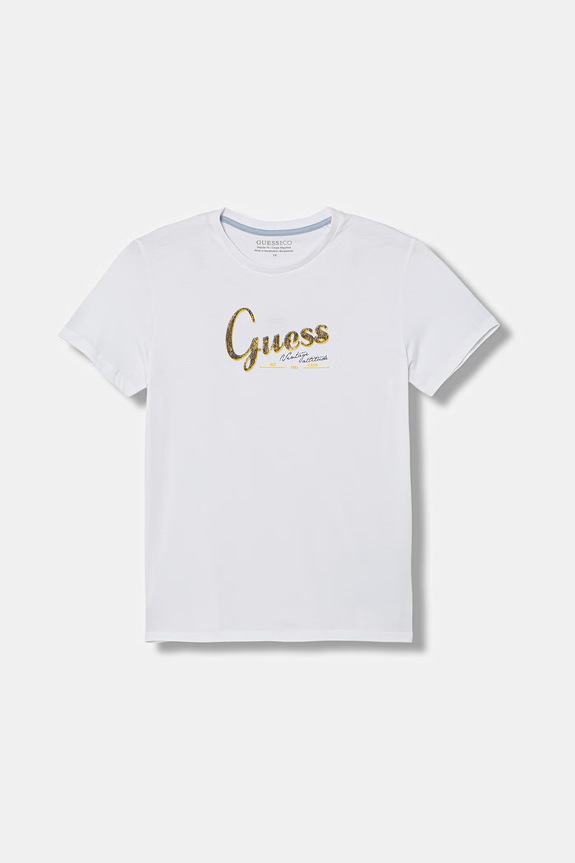 Παιδικό βαμβακερό μπλουζάκι Guess στάμπα λευκό L6GI01.K8HM4.PPY2.M