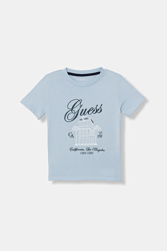 Παιδικό βαμβακερό μπλουζάκι Guess στάμπα μπλε N6GI00.K8HM4.PPY2.M