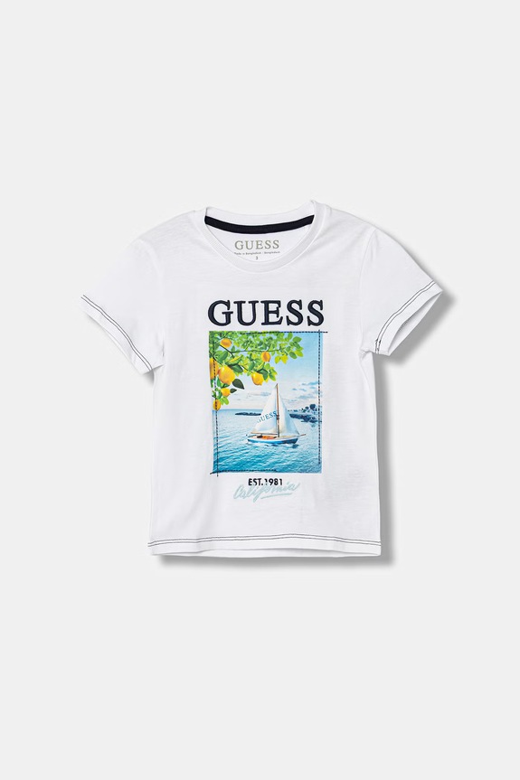 Παιδικό βαμβακερό μπλουζάκι Guess στάμπα λευκό N6GI07.K8HM4.PPY2.M