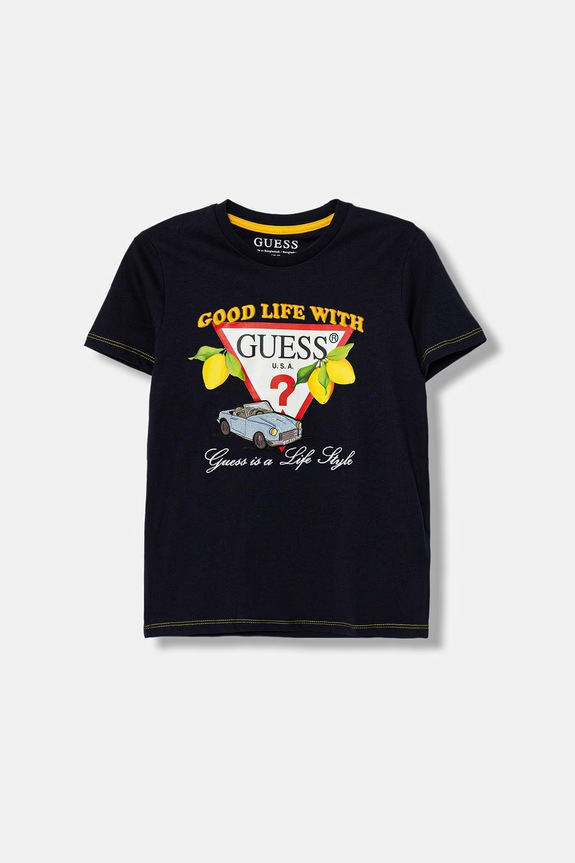 Παιδικό βαμβακερό μπλουζάκι Guess στάμπα σκούρο μπλε N6GI07.K8HM4.PPY2.M