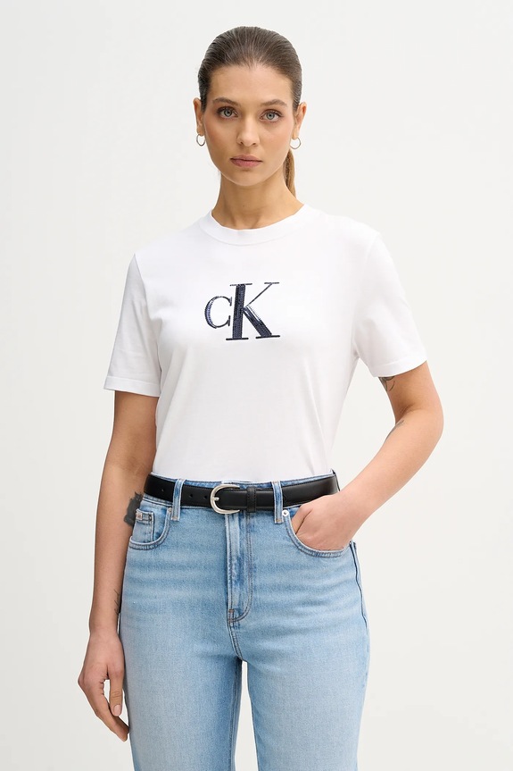 Bavlněné tričko Calvin Klein Jeans regular bílá LV044E215G