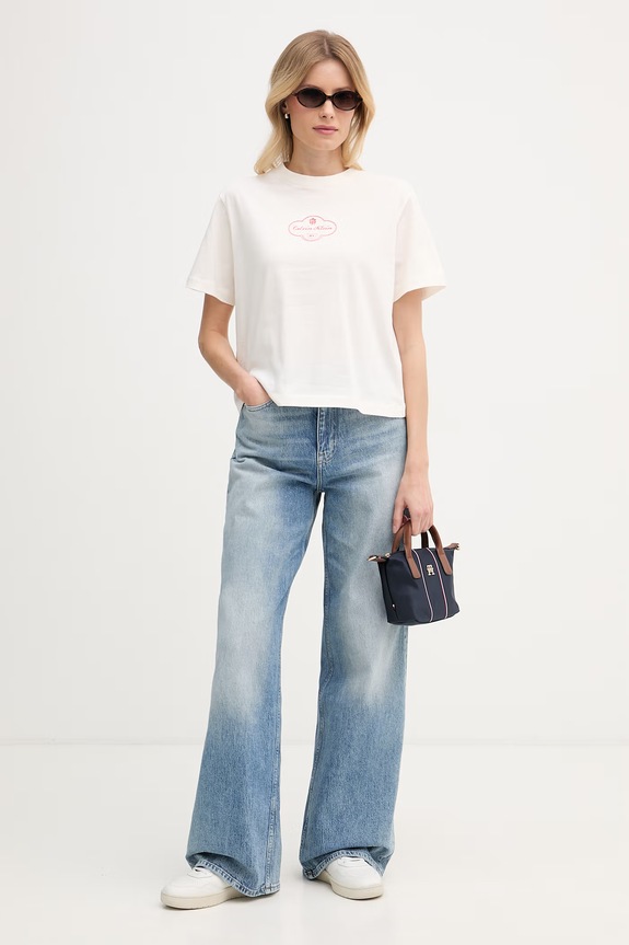 Calvin Klein Jeans T-shirt damski bawełniany LV047E811G beżowy SS26