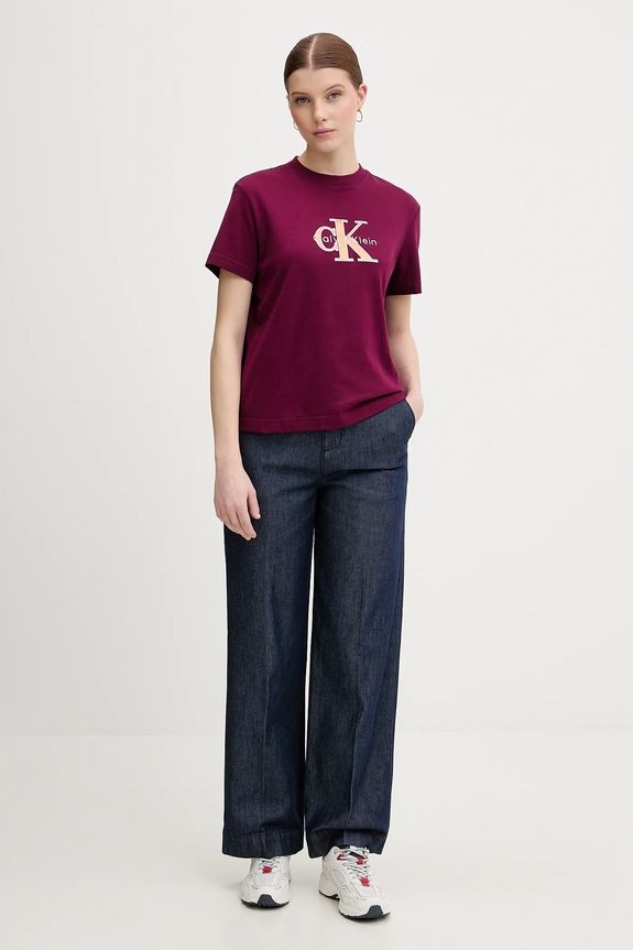 Βαμβακερό μπλουζάκι Calvin Klein Jeans LV047E819G μπορντό SS26