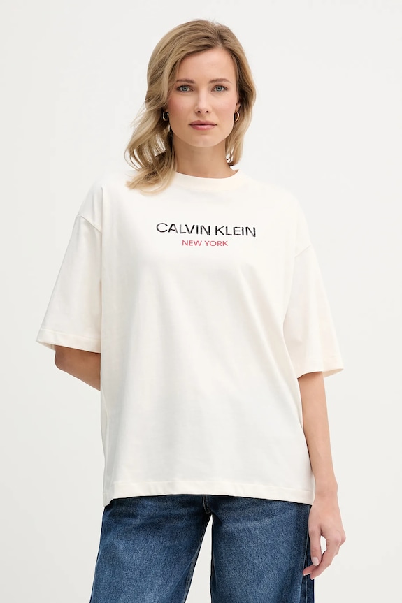 Pamučna majica Calvin Klein Jeans natpis bež LV047E800G