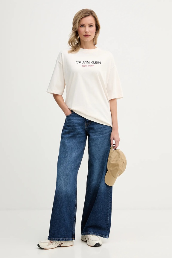 Pamučna majica Calvin Klein Jeans LV047E800G bež SS26