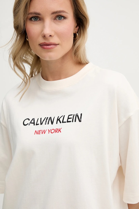 Pamučna majica Calvin Klein Jeans bež LV047E800G