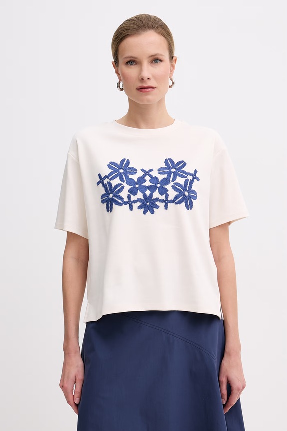 Weekend Max Mara t-shirt bawełniany SABATO aplikacja beżowy 2615941112600