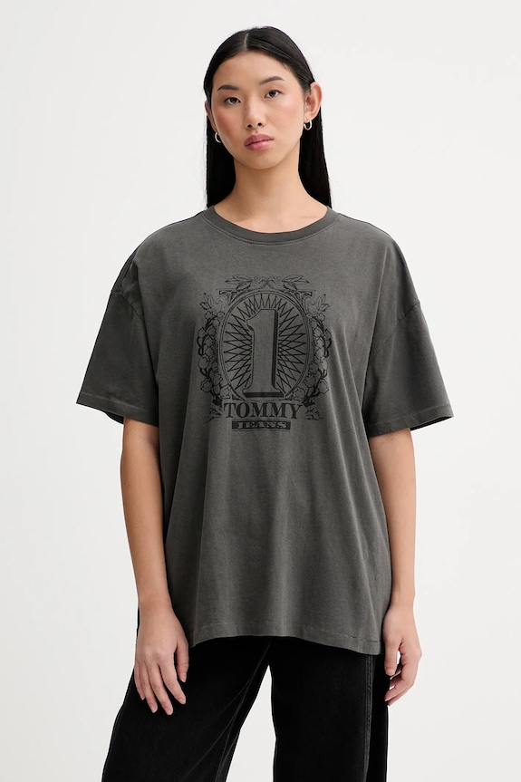 Памучна тениска Tommy Jeans свободна сив DW0DW21858