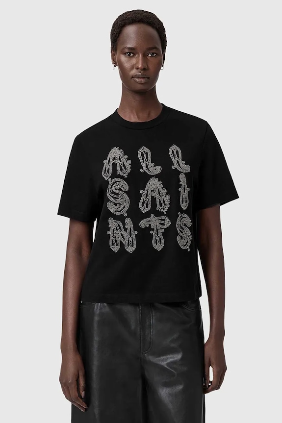 Βαμβακερό μπλουζάκι AllSaints απλικέ μαύρο W148JD