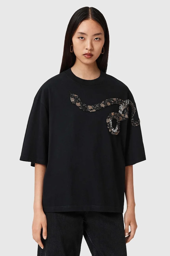 Βαμβακερό μπλουζάκι AllSaints απλικέ μαύρο W152JD