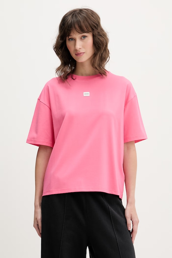HUGO oversize tričko dámske s modalom SIGNATURE_TSHIRT ružová 50556807