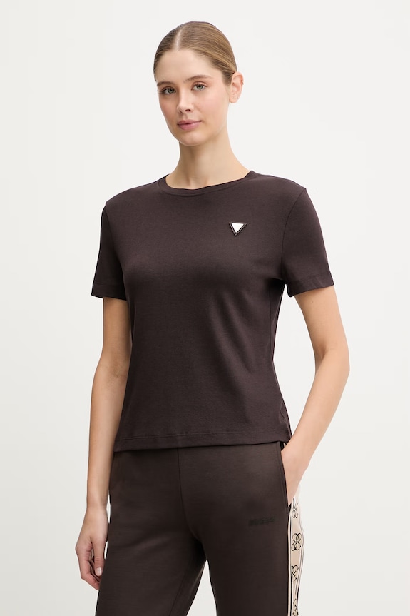 Guess t-shirt SONIA z elastanem brązowy V6RI17.KD741