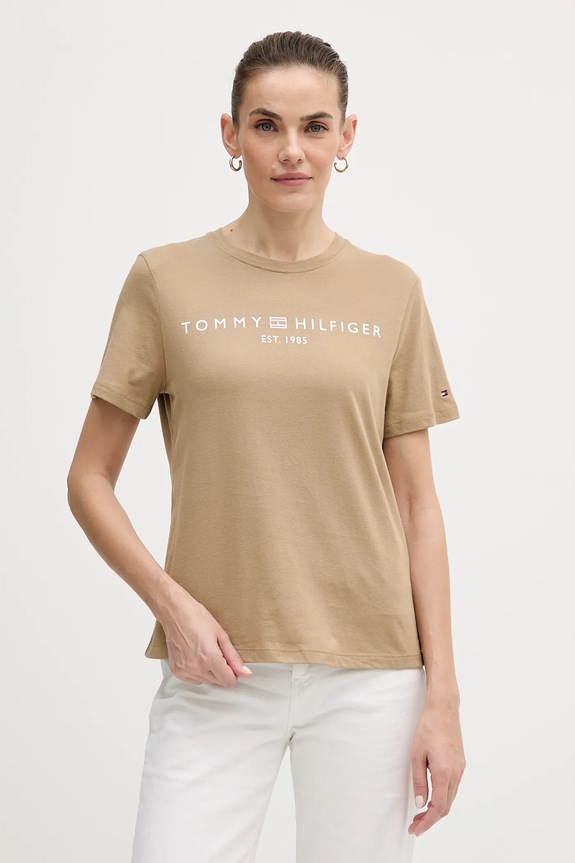 Tommy Hilfiger T-shirt damski bawełniany nadruk beżowy WW0WW40276.