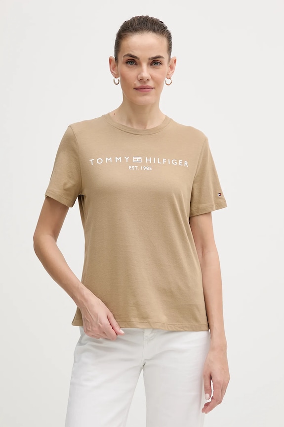 Tommy Hilfiger T-shirt damski bawełniany nadruk beżowy WW0WW40276.