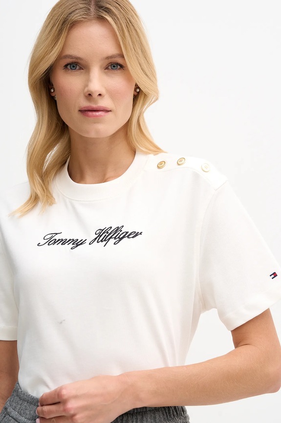 Βαμβακερό μπλουζάκι Tommy Hilfiger μπεζ WW0WW47819