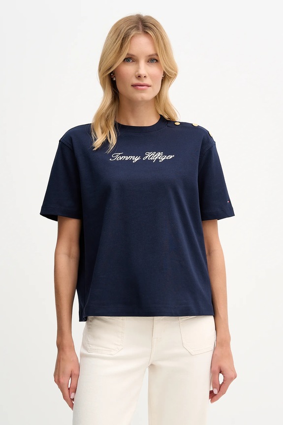 Βαμβακερό μπλουζάκι Tommy Hilfiger απλικέ σκούρο μπλε WW0WW47819