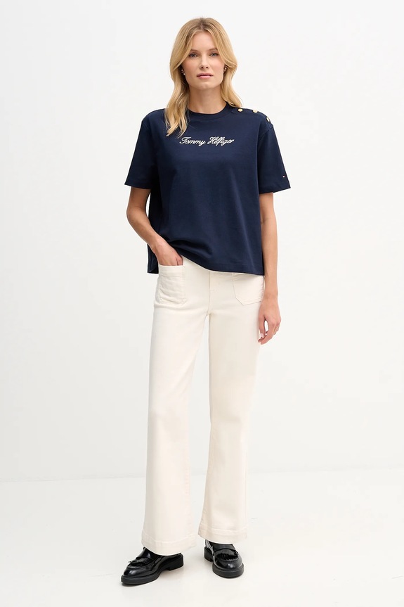 Βαμβακερό μπλουζάκι Tommy Hilfiger WW0WW47819 σκούρο μπλε SS26