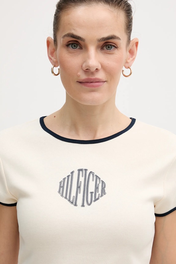Βαμβακερό μπλουζάκι Tommy Hilfiger μπεζ WW0WW47881