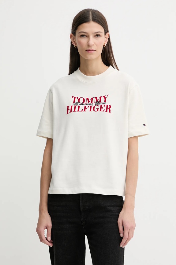 Tommy Hilfiger tricou din bumbac imprimeu bej WW0WW47884