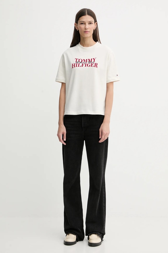 Tommy Hilfiger tricou din bumbac WW0WW47884 bej SS26