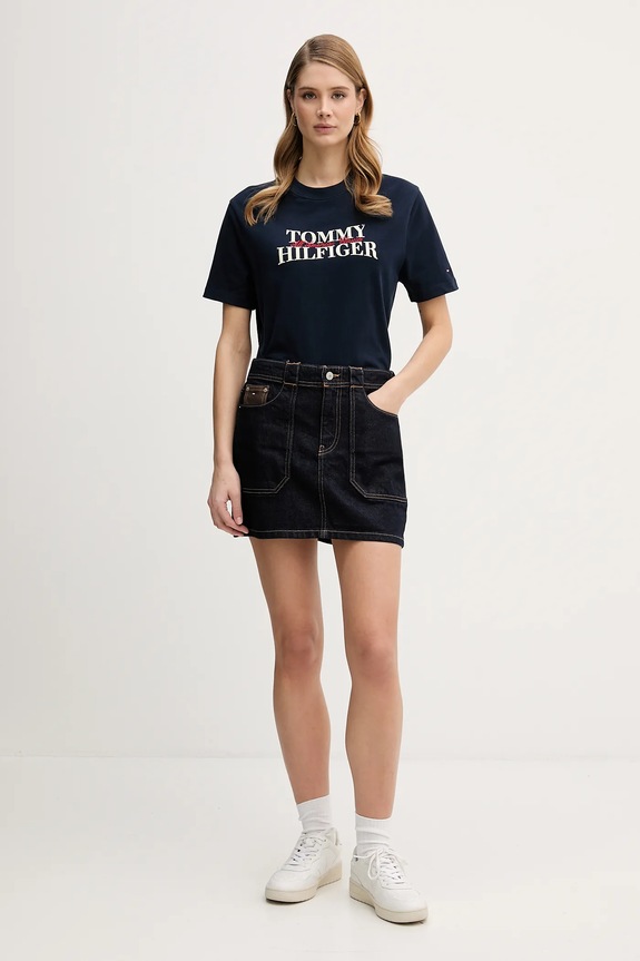 Bavlnené tričko Tommy Hilfiger WW0WW47884 tmavomodrá SS26