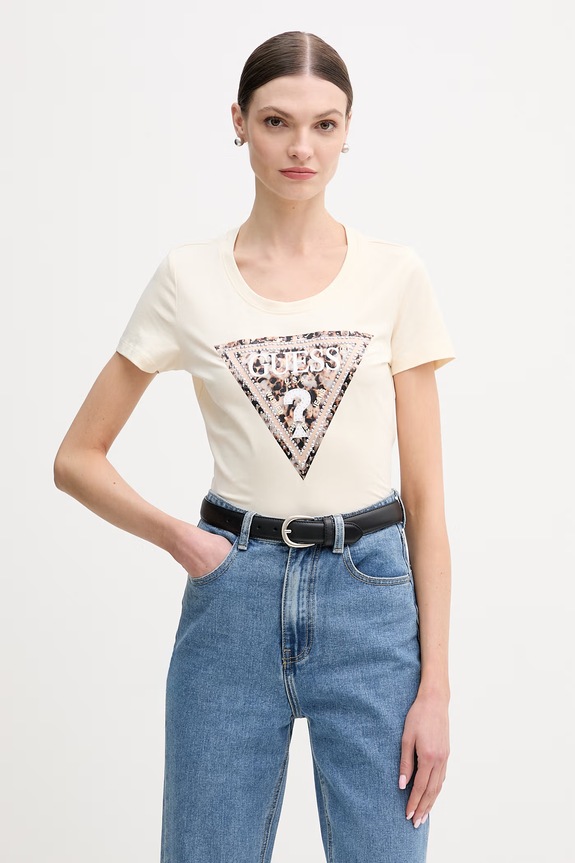 Guess t-shirt LEO z elastanem beżowy W6RI32.J1314