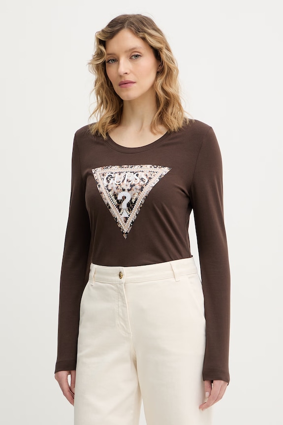 Guess longsleeve LEO z elastanem brązowy W6RI33.J1314