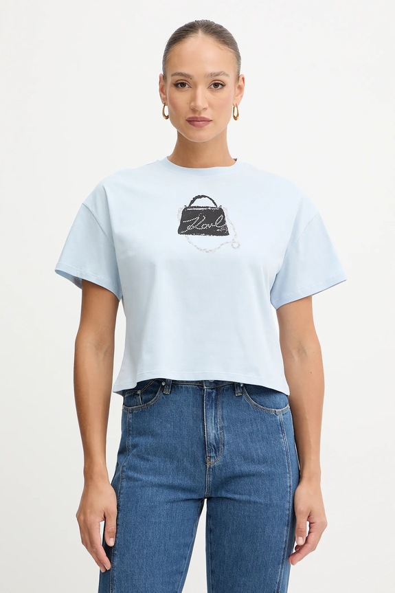 Βαμβακερό μπλουζάκι Karl Lagerfeld στάμπα μπλε B1W17026