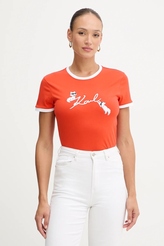 Karl Lagerfeld t-shirt bawełniany IKON nadruk pomarańczowy B1W17040