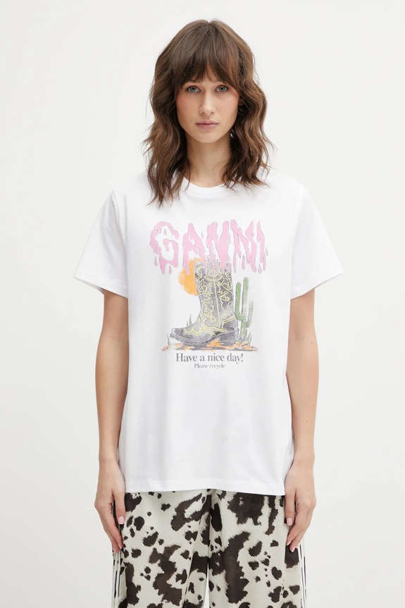 GANNI T-shirt bawełniany damski nadruk biały A1050075