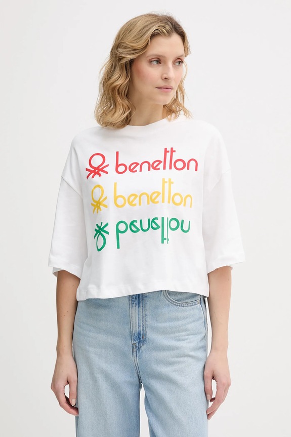 Bavlněné tričko United Colors of Benetton x Stranger Things kulatý bílá 3BL0D10BC