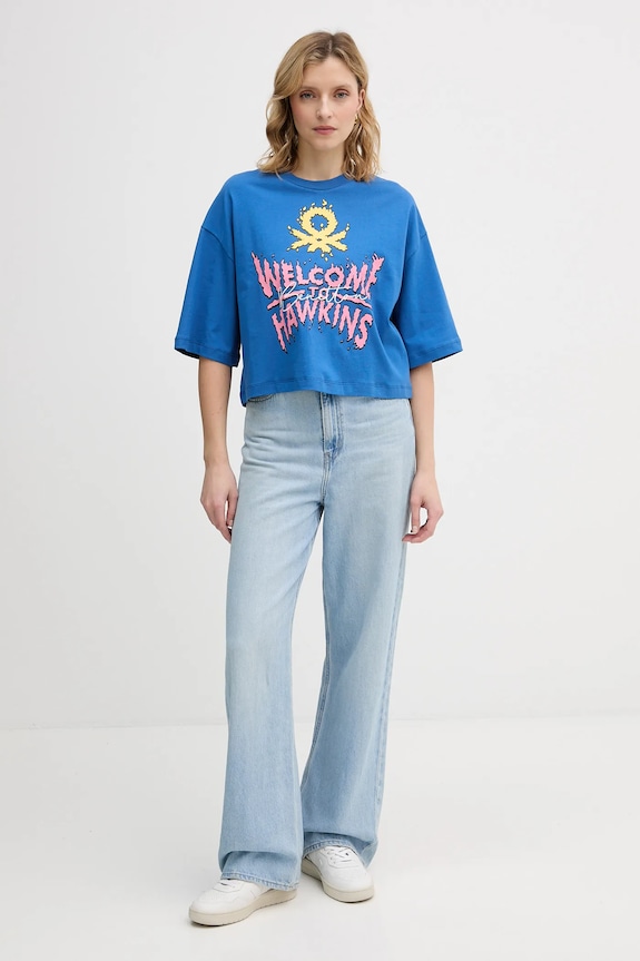 Bombažna kratka majica United Colors of Benetton x Stranger Things 3BL0D10BC modra SS26