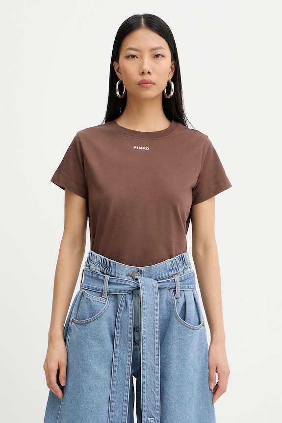 Pinko tricou din bumbac uni maro 100373.A34F