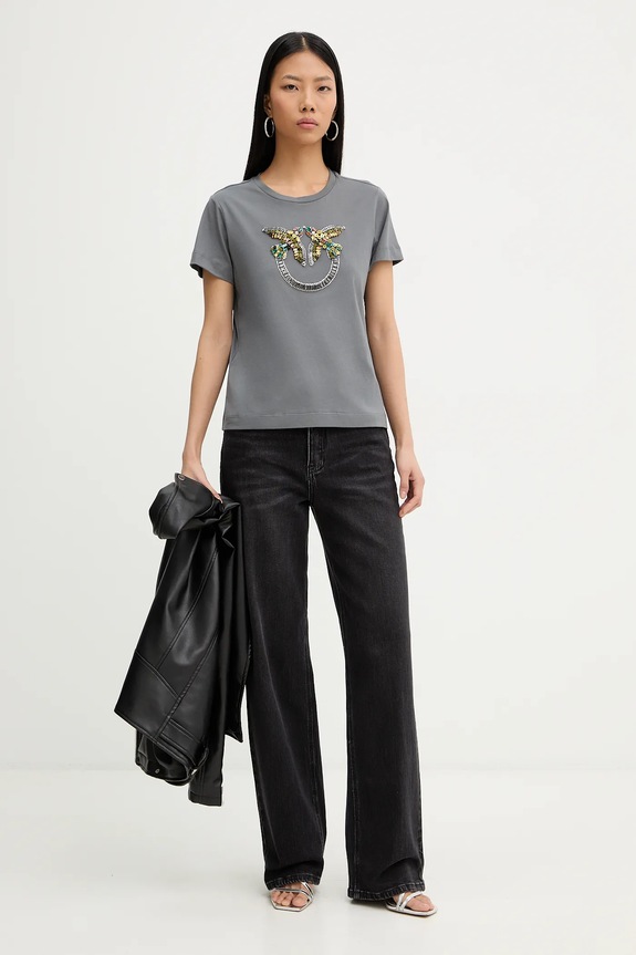 Pinko t-shirt bawełniany 100535.A33F szary SS26