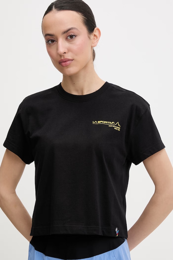 La Sportiva Τ-shirt πεζοπορίας γυναικείο βαμβακερό Since 1928 Crop μαύρο ZACT253