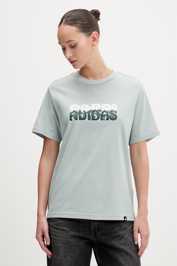 adidas t-shirt bawełniany Soft Side nadruk turkusowy KA5099