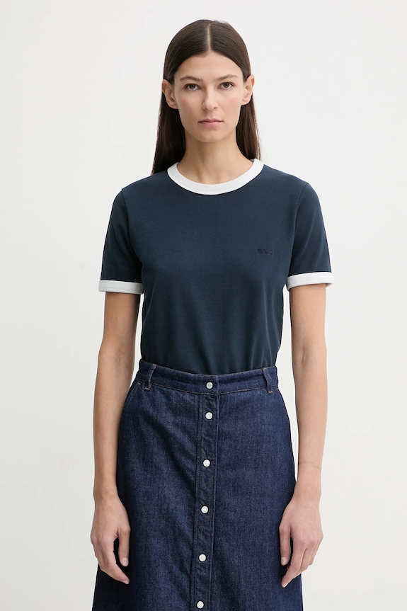 Bavlnené tričko A.P.C. T-SHIRT CROP MANCHE COURTE CONTRASTÉ jednofarebný tmavomodrá COHBQ.F26550