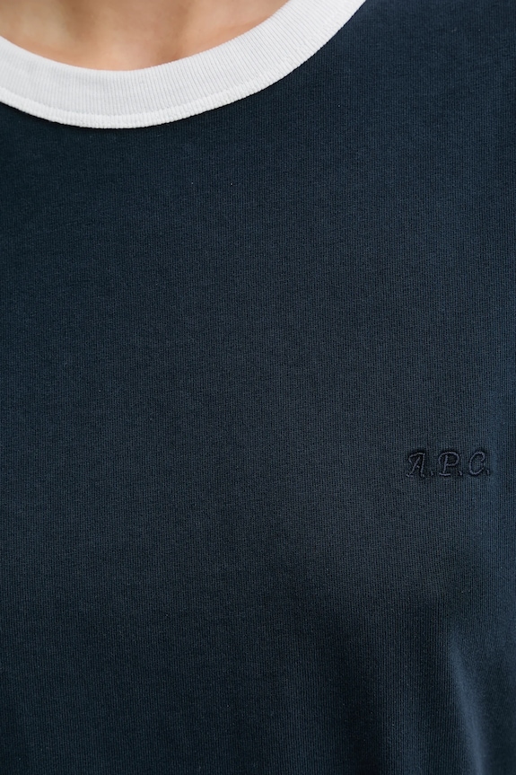 Bavlnené tričko A.P.C. T-SHIRT CROP MANCHE COURTE CONTRASTÉ COHBQ.F26550 tmavomodrá