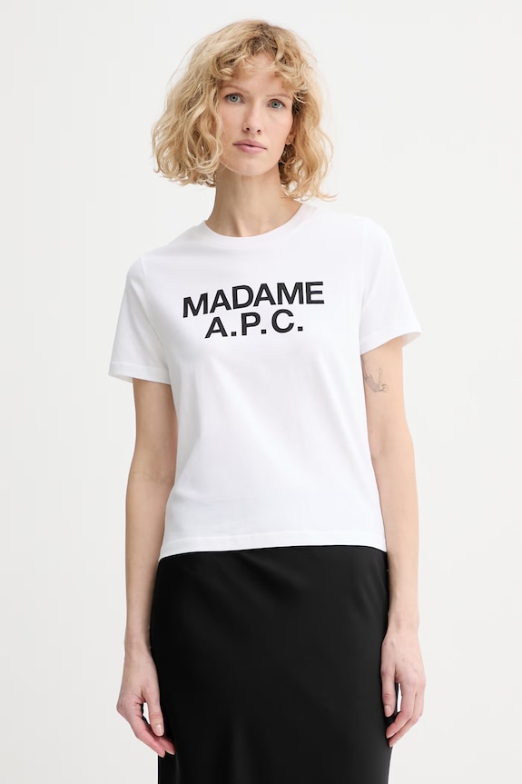 A.P.C. tricou din bumbac T-SHIRT CROP MANCHE COURTE MADAME APC print alb COHBW.F26559