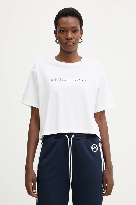 Βαμβακερό μπλουζάκι MICHAEL Michael Kors απλικέ μπεζ MR651Z797J