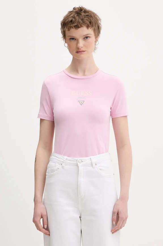 Guess Jeans tričko dámské s bavlnou slim růžová W6RI15.J1314