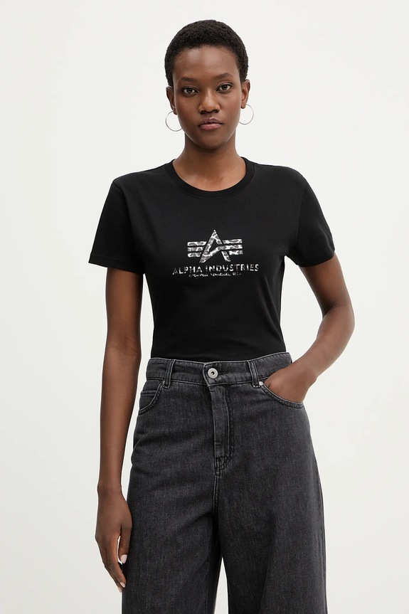 Βαμβακερό μπλουζάκι Alpha Industries Basic BL Mirror Leo W βαμβάκι μαύρο 196051ML