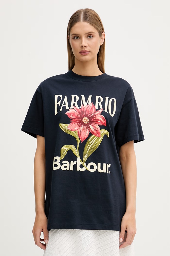 Barbour t-shirt γυναικείο βαμβακερό x Farm Rio σκούρο μπλε LTS0736