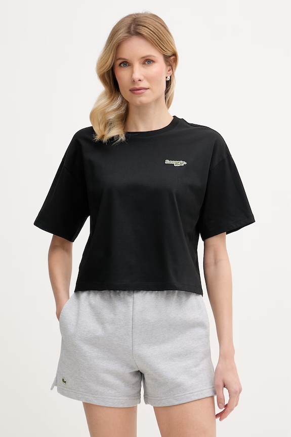Lacoste crop top damski bawełniany aplikacja czarny TF7605