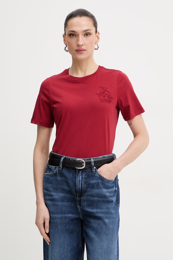 Bavlněné tričko Trussardi nášivka burgundské G1156000243N