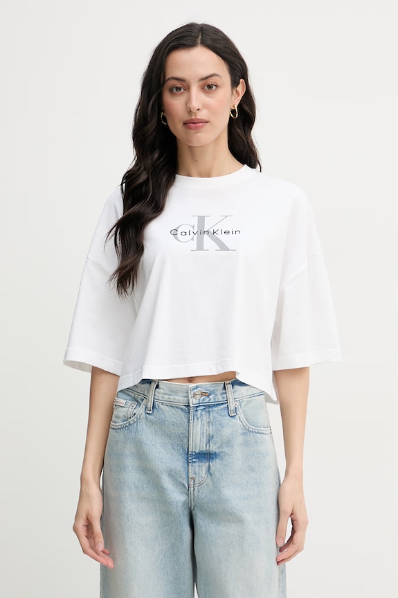Calvin Klein Jeans crop top dámsky bavlnený biela LV047F828G
