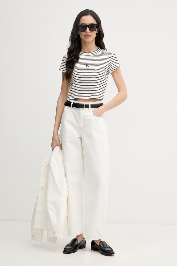 Calvin Klein Jeans crop top pentru femei, din bumbac cu elastan LV047F833G bej SS26