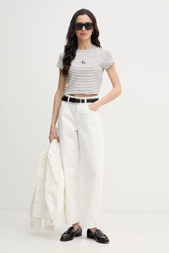 Calvin Klein Jeans crop top pentru femei, din bumbac cu elastan LV047F833G bej SS26